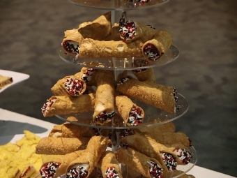 5-tiered desserts tray of cream-filled puffs at 20th anniversary celebration
