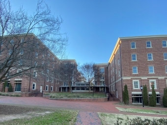 outdoor front of u-shaped, 4-story Chidsey hall