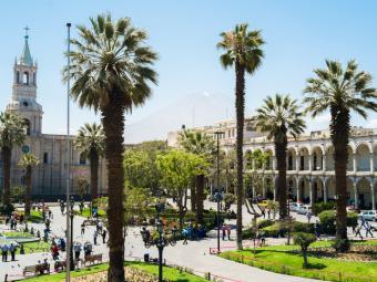 Plaza de Armas with Cathedral in city of Arequipa, Peru