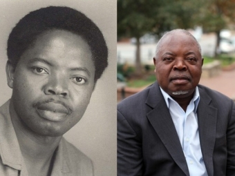 two photos of a young college-aged student Georges on left and current adult Georges on right
