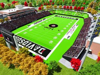 new football stadium with Davidson written on turf of both end zones