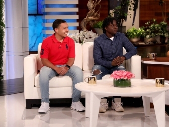 Brandon Reid ’22 and Sura Sohna on the couch at the “The Ellen DeGeneres Show.”