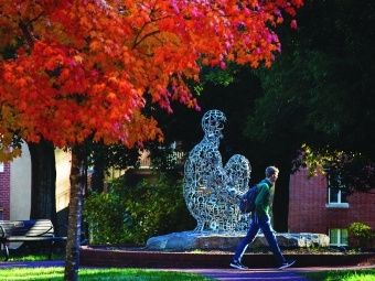 Plensa's art sculpture "Waves III"  outside of Chambers academic building