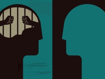 Image of two people facing each other in contrasting colors. One person has a troubled mind.