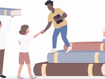 illustration of students on books