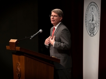 Doug Hicks speaking during his presidential announcement