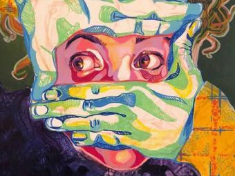 picture of a painting of colorful face with hands framing eyes