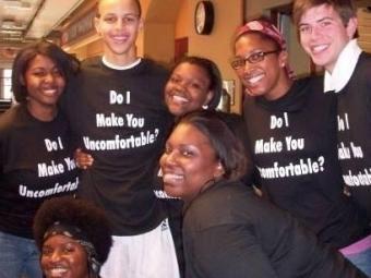 Stephen Curry and friends during college undergraduate years wearing shirts that read  "Do I Make You Uncomfortable"