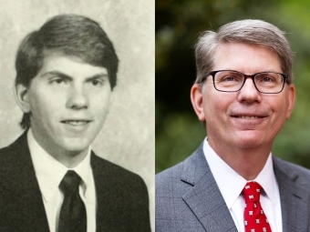 Two portraits of Douglas Hicks: one as a Davidson Student, one as the president