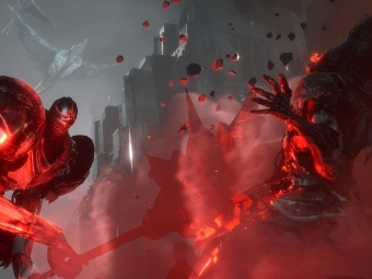 in a video game, a figure in armor fights a monster as red light and smoke are cast around them