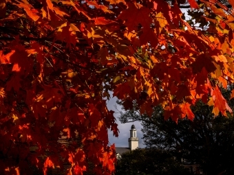 Campus Beauty Fall Leaves with chapel in the