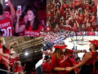 a compilation of images of students in red jerseys and tee shirts at a basketball game