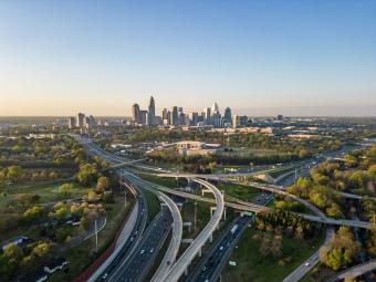 an aerial view of Charlotte, NC and its surrounding highways