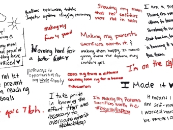 a compilation of handwritten notes in red and black about being first generation