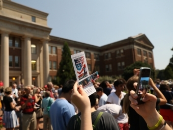 community gathers on the front lawn to view the 2017 total solar eclipse