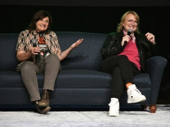 Amy Ray and Emily Saliers on stage following screening of Indigo Girls documentary