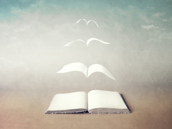 Surreal illustration of book pages flying away