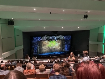 a theatre lit up green 