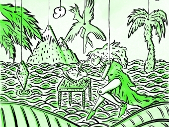 Illustration of a marionette woman in an island scene on stage drawing on a table in the water