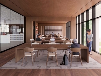 Library Rendering Reading Room Wood-panel Interior and large shared tables
