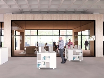 Library Rendering Reading Room with stacks of books in front of a windowed meeting space
