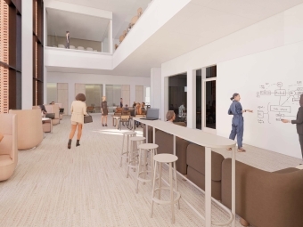 Iibrary renderings scholars studio with people working on a presentation