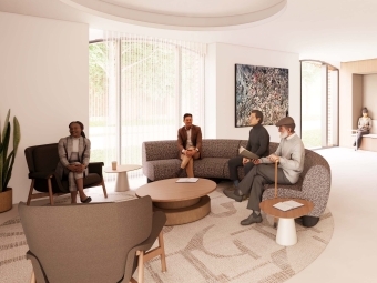 Library Renderings Justice and Community Room with illustrations people sitting at a sofa