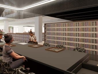 Library Renderings of the Kaleidoscope Room with people looking at sample materials