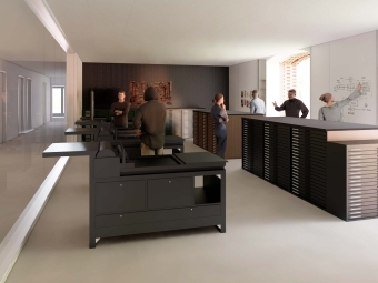 Library Rendering Letterpress Lab with people working on a letterpress