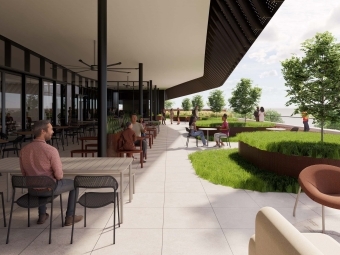 Library Renderings Roof Canopy with people sitting outside