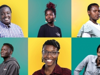 a compilation of headshots on teal and yellow backgrounds picturing young Black men and women