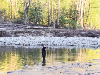 a young woman measures water in a forested area on a sunny day
