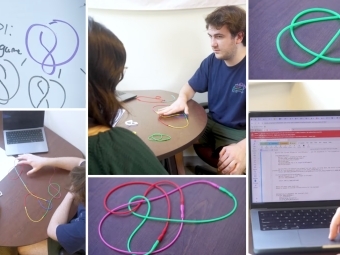 a compilation of images of student and professor looking at knots at a desk and computer