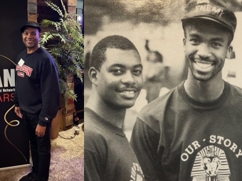 Collage of Linsey Mills ’92 standing next to DBAN sign, vintage photo from college days
