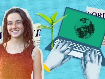 Collage of student Stella Mackler, news clippings, laptop, and sprouting plant