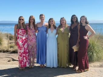 Class of 2017 friends (l-r) Shannon Doherty, Annie Rowland, Paige Buckland, Devon Winsor, Sylvia Strauss, Sabrina Cheema and Katie Belanger in San Louis Obispo celebrating the wedding of classmate Emily Palmer
