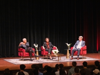 U.S. Senators Thom Tillis and Amy Klobuchar on stage at Davidson College with President Hicks