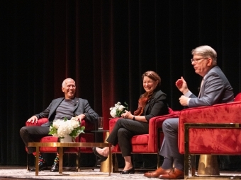 U.S. Senators Thom Tillis and Amy Klobuchar on stage with President Doug Hicks at Davidson College