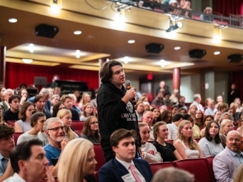 students ask questions during a talk between U.S. Senators Thom Tillis and Amy Klobuchar at Davidson College