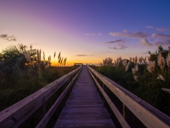 A long wooden boardwalk stretches into the distance, where then sun is rising and the sky is shades of blue and yellow