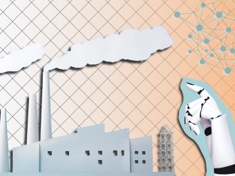 a graphic of a factory and robotic hand