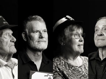 Four people of varying ages look away from the camera in stark lighting