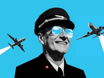 A pop-art style collage in blue and black and white featuring 2 planes and a pilot with aviator sunglasses