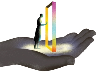 House illustrated by Brain Stauffer shows a portal with a figure going through it, in the palm of a hand