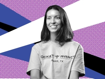 a young woman in black and white on a blue and purple background