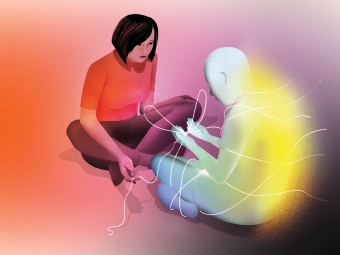 A Loving Death Illustration by Brain Stauffer of a person and a shadow tying knots