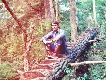 A man in a plaid shirt and tall rubber boots sits on steps carved into a large fallen log in a sunlit forest.