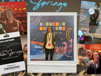 A photo collage of Matteo Liu’s experience volunteering at the 37th Palm Springs International Film Festival, featuring his volunteer badge, shots of him working at a ticket booth, and posing with others in a theater and in front of a festival backdrop.
