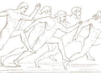 A sepia-toned line drawing of five athletic men with beards and long hair competing in a footrace, depicted in the style of ancient Greek pottery art.