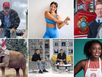 A 2x3 grid of diverse portraits including a fisherman on a boat, a woman in an office, a fire chief, a woman riding an elephant, two men in a studio interview, and a woman in a MasterChef apron.